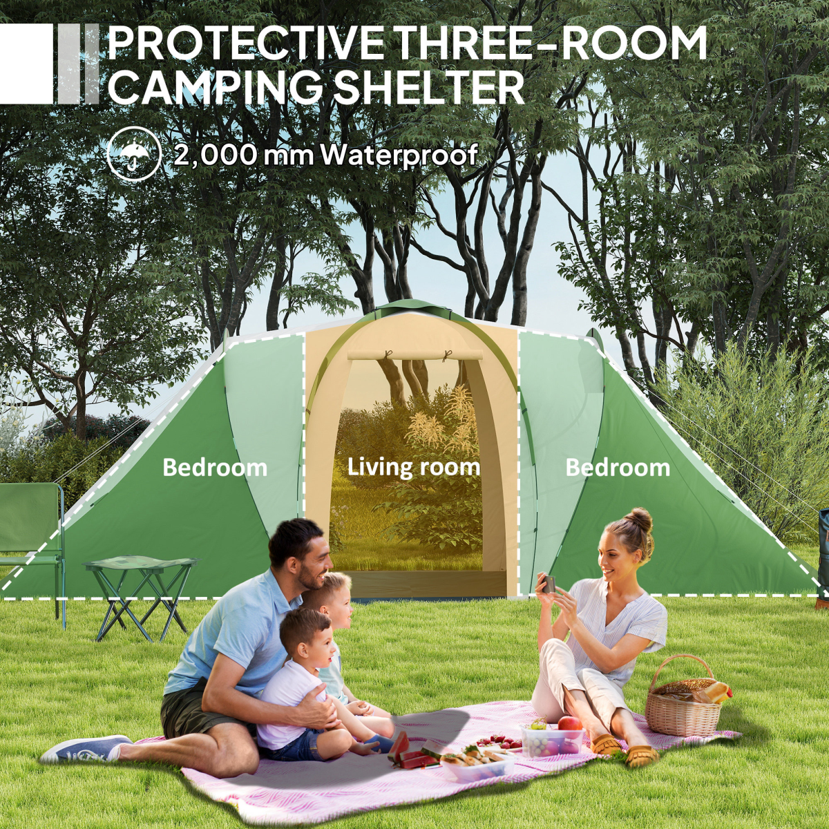 Outsunny 4-6 Man Camping Tent with 2 Bedroom and Living Area