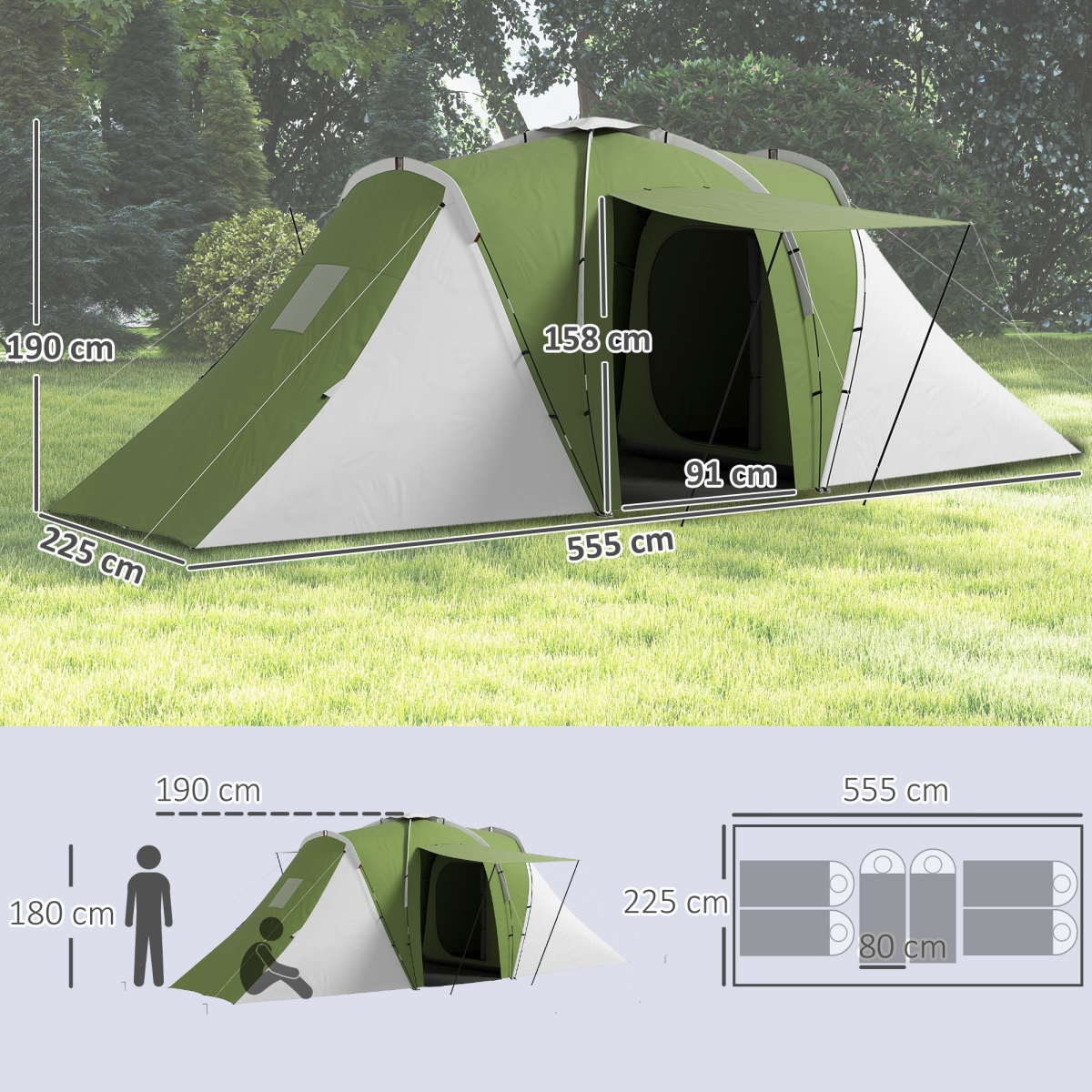 Outsunny 4-6 Man Camping Tent with 2 Bedroom and Living Area