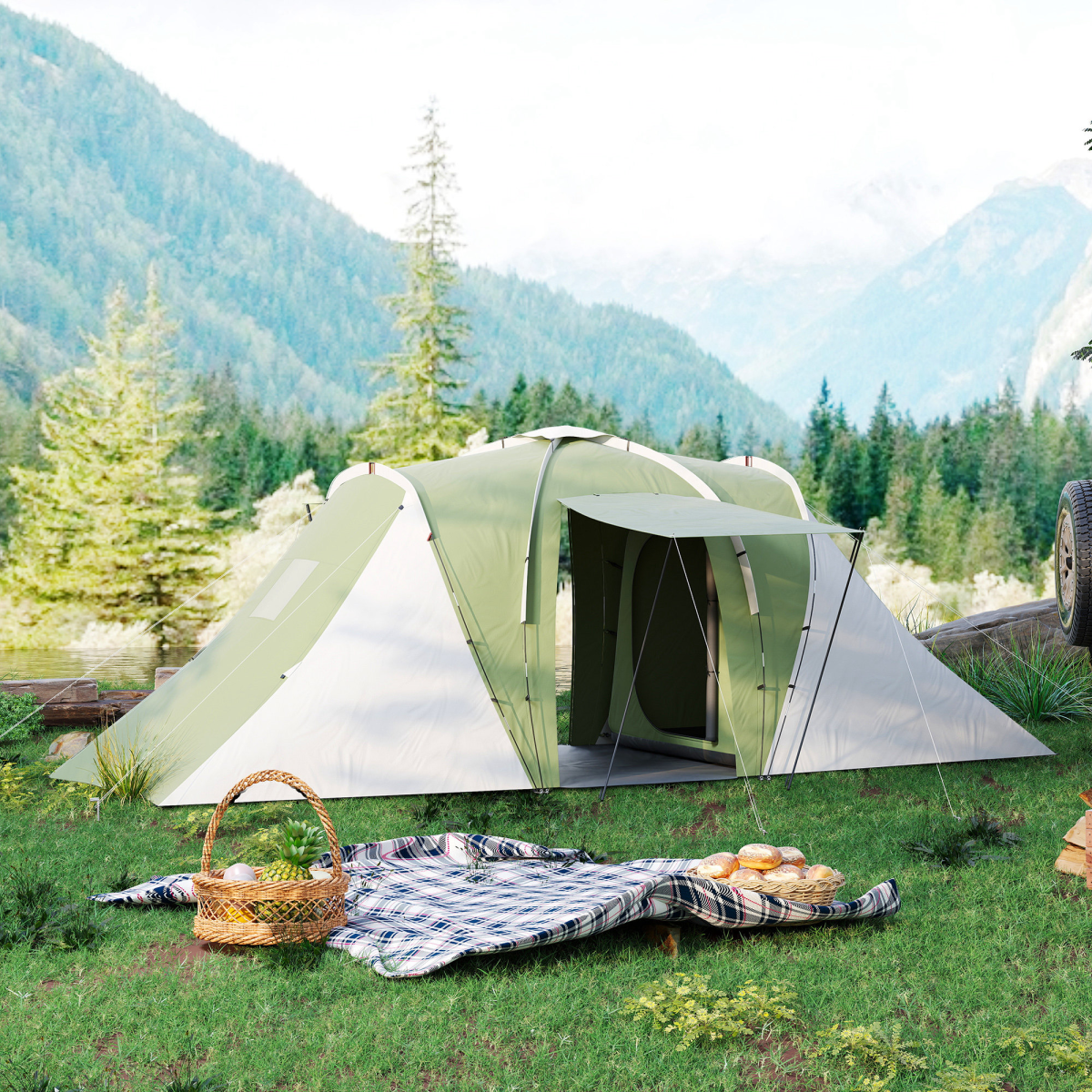 Outsunny 4-6 Man Camping Tent with 2 Bedroom and Living Area