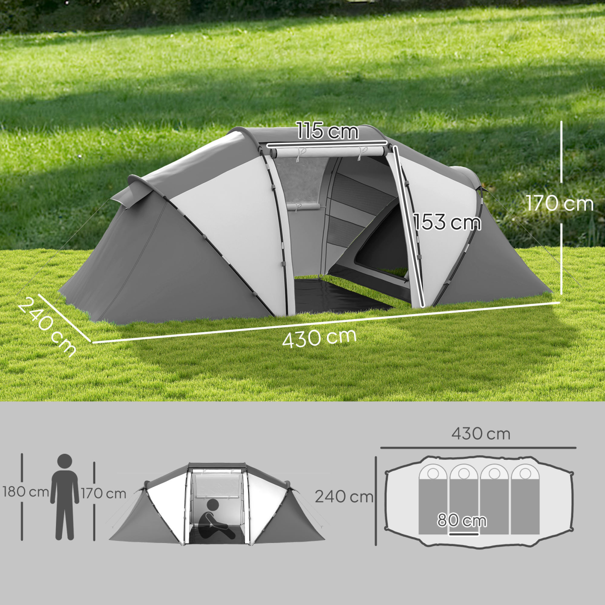 Outsunny 4-6 Persons Camping Tent Dome Family Travel Group Hiking Room Fishing