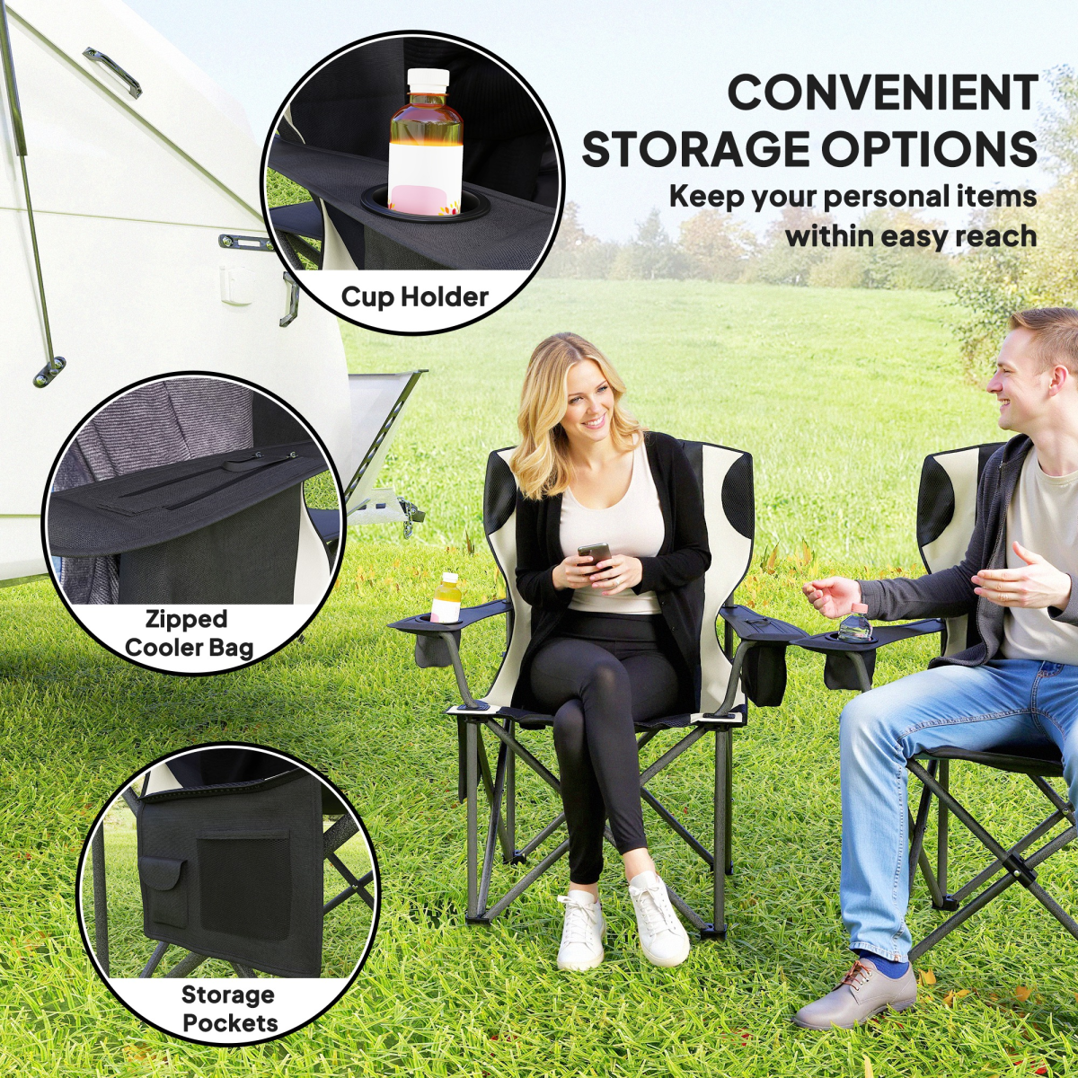 Outsunny Set of 2 Padded Folding Picnic Chairs with Cooler Bag