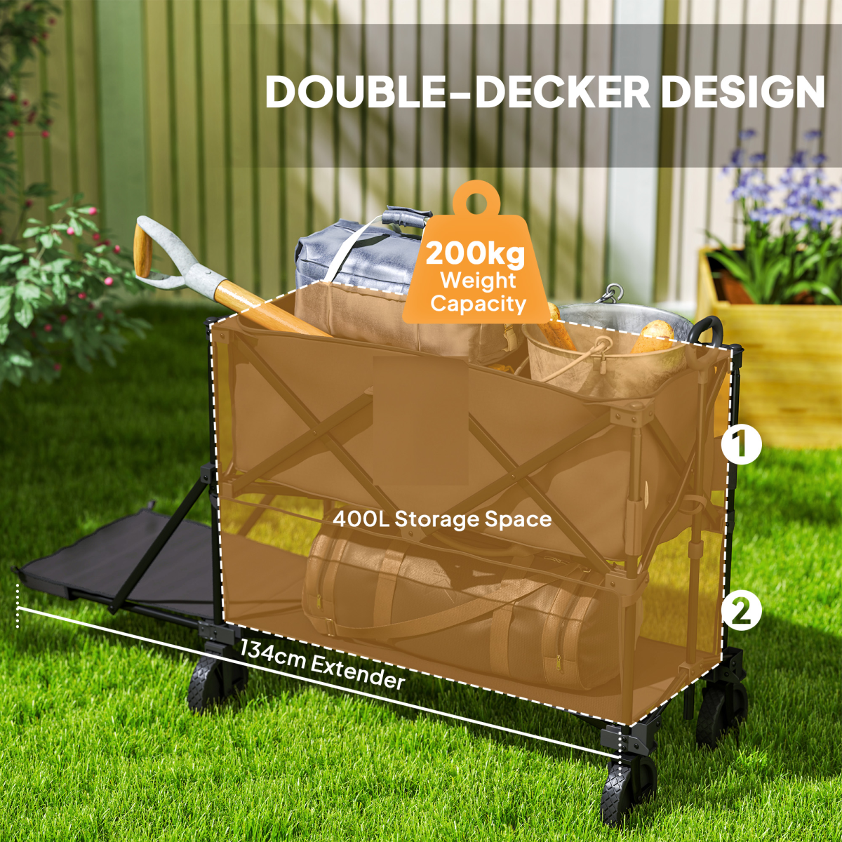 Outsunny Double Decker Folding Trolley Cart on Wheels, 200KG Capacity