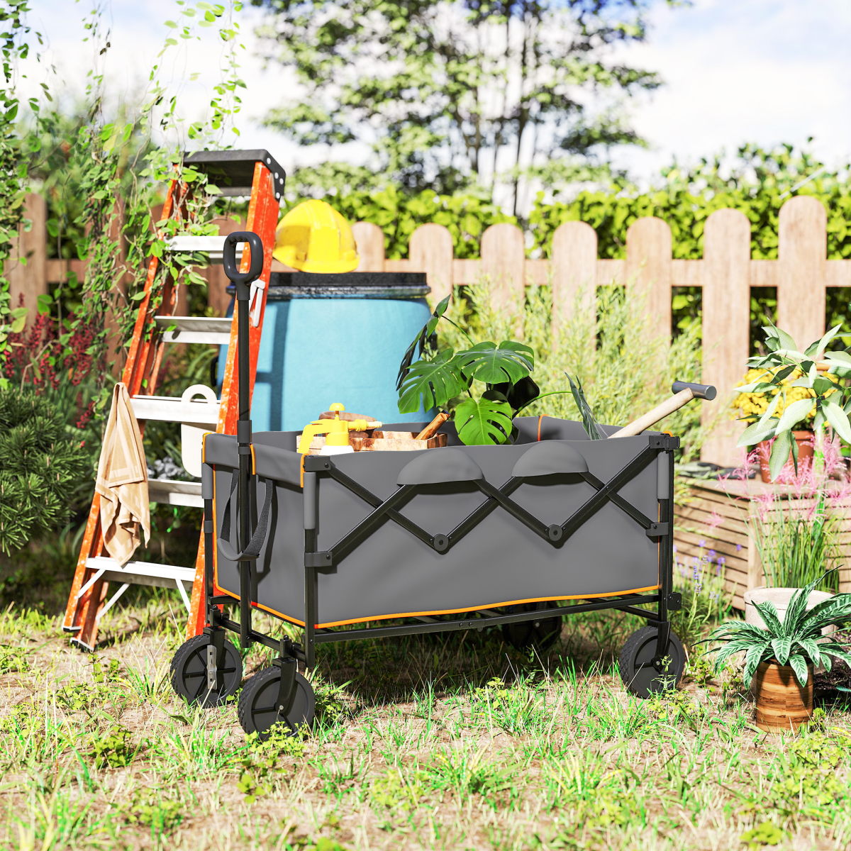 Outsunny 160L Folding Trolley Cart w/ Adjustable Handle, Grey and Orange