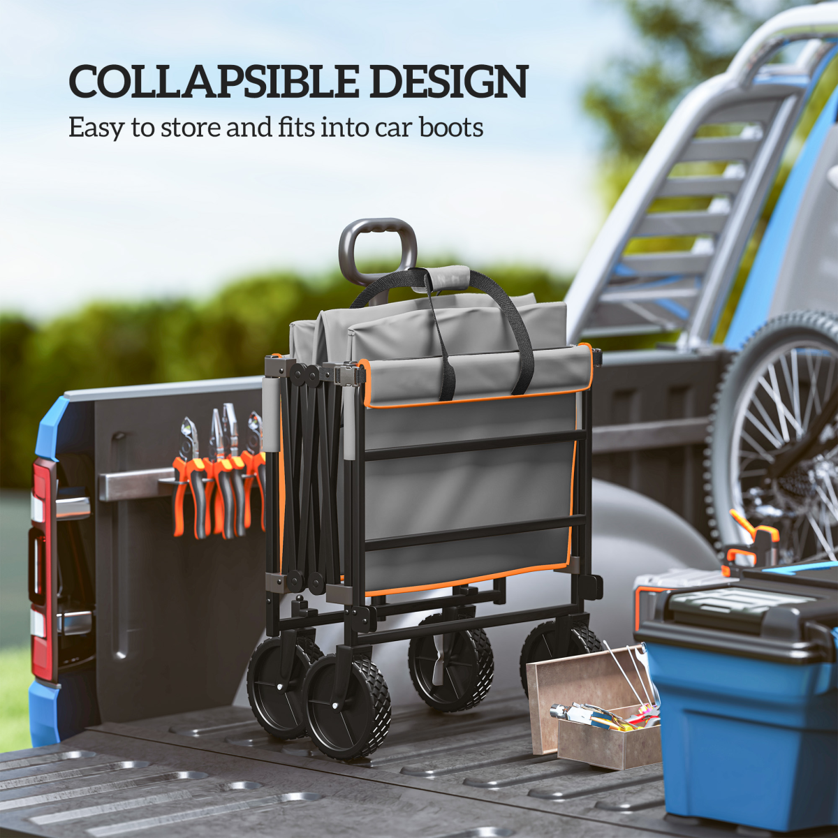 Outsunny 160L Folding Trolley Cart w/ Adjustable Handle, Grey and Orange