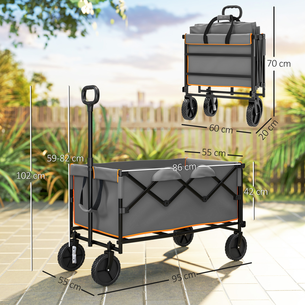 Outsunny 160L Folding Trolley Cart w/ Adjustable Handle, Grey and Orange