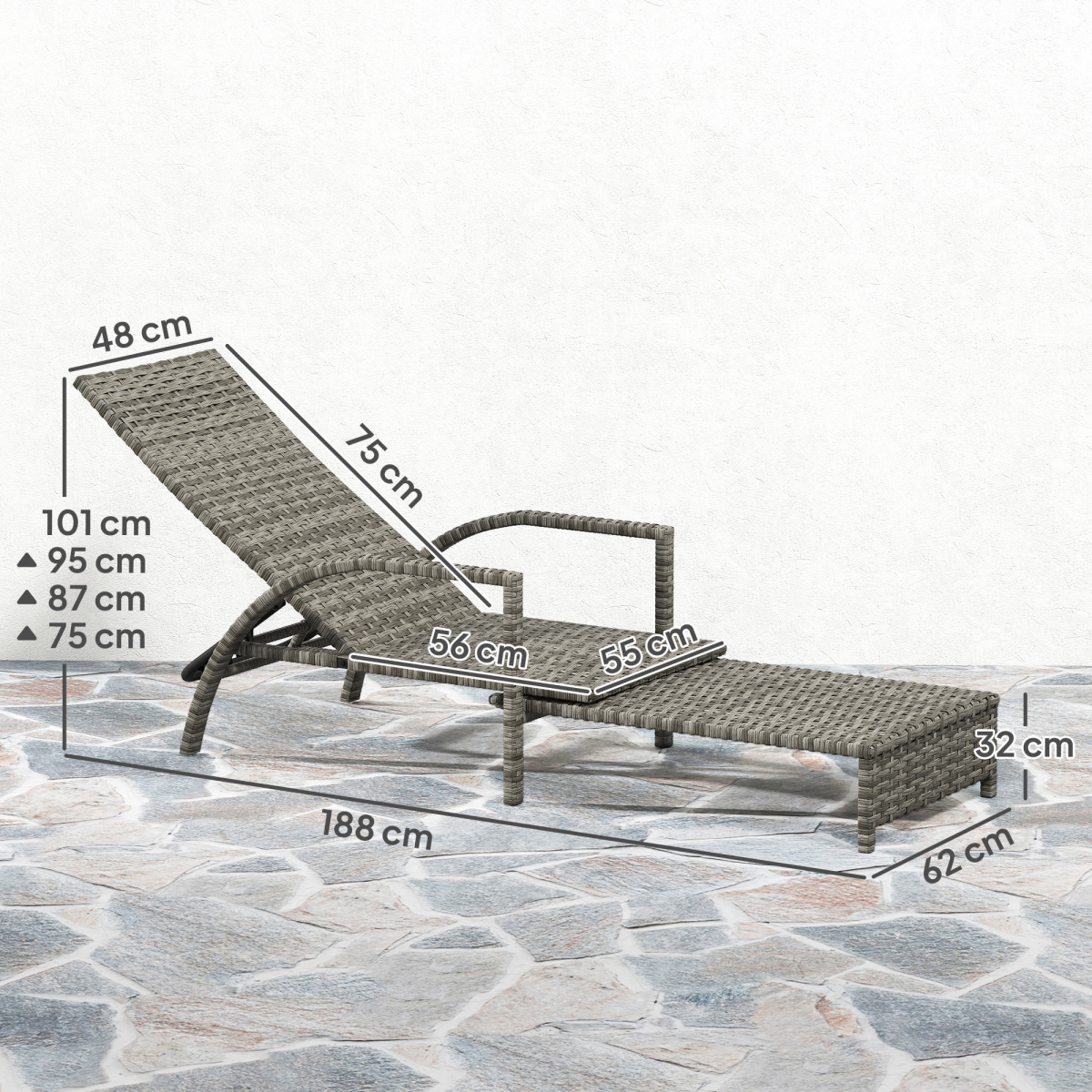 Outsunny PE Rattan Sun Lounger with 4-Level Adjustable Backrest