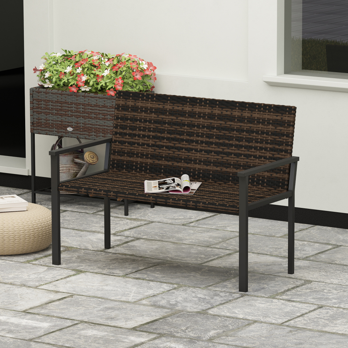Outsunny Rattan Garden Bench Loveseat with Quick-Drying Padding