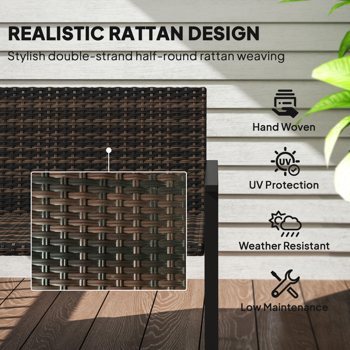 Outsunny Rattan Garden Bench Loveseat with Quick-Drying Padding