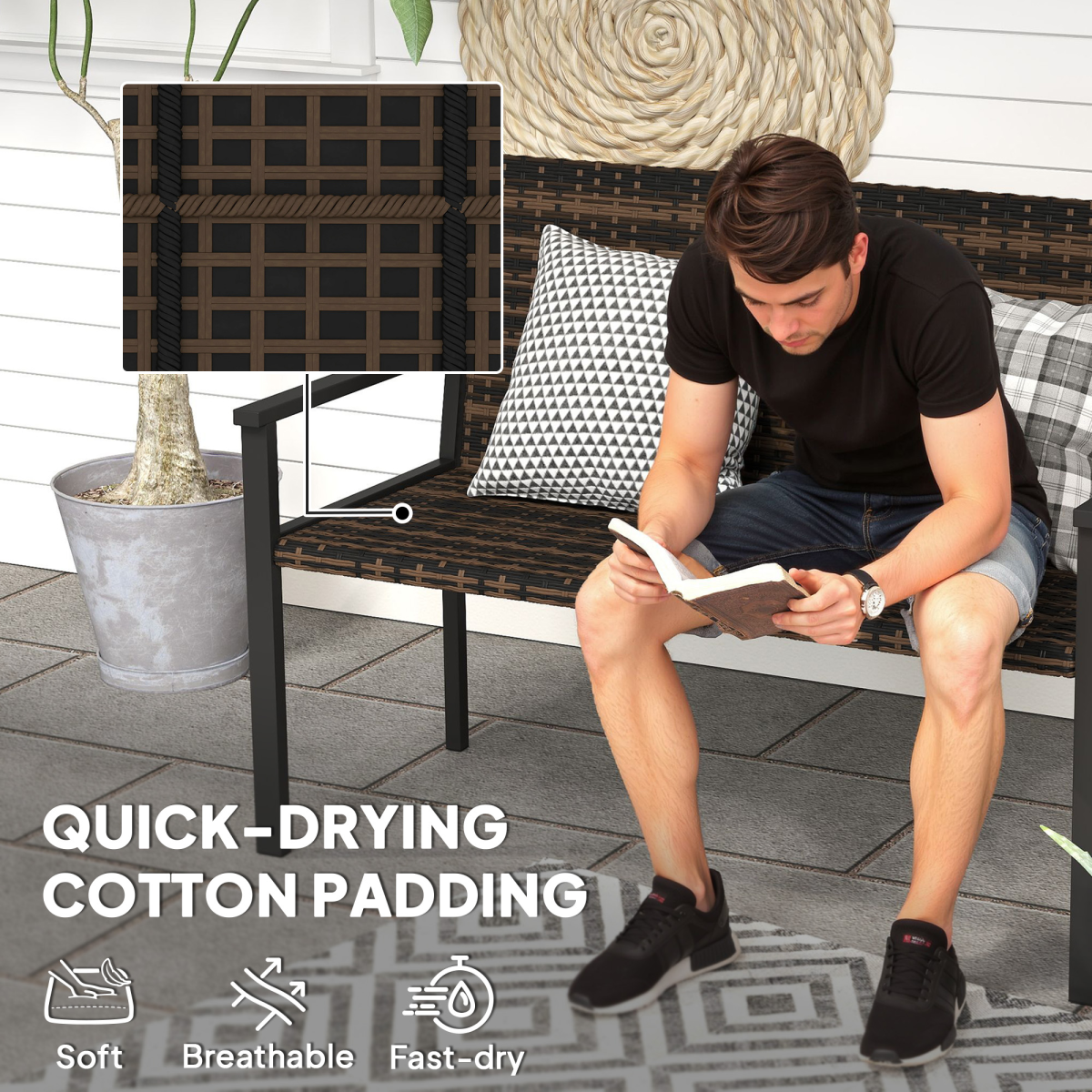 Outsunny Rattan Garden Bench Loveseat with Quick-Drying Padding