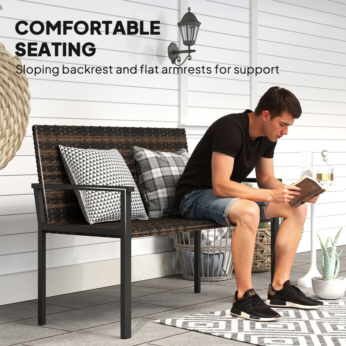 Outsunny Rattan Garden Bench Loveseat with Quick-Drying Padding
