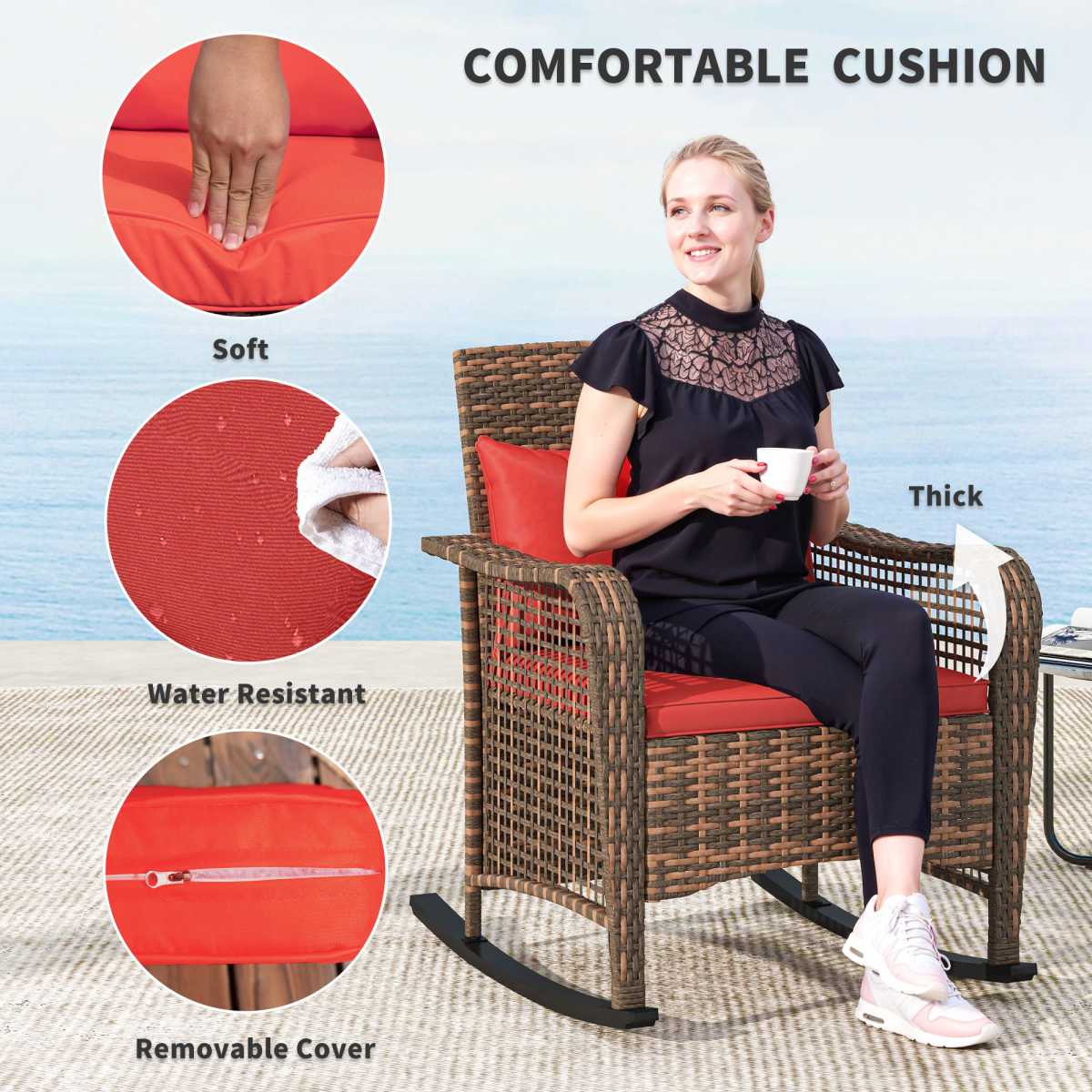 Outsunny Rattan Garden Rocking Chair w/ Seat and Back Cushions