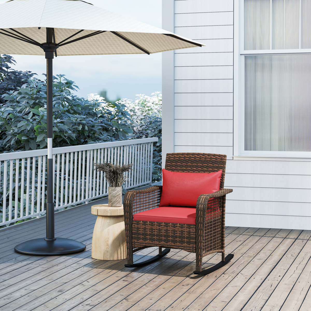 Outsunny Rattan Garden Rocking Chair w/ Seat and Back Cushions