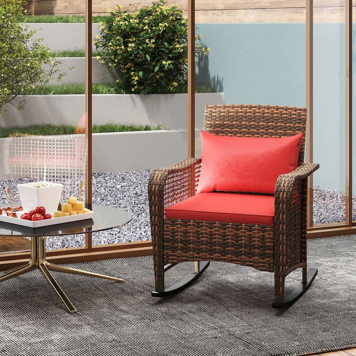 Outsunny Rattan Garden Rocking Chair w/ Seat and Back Cushions