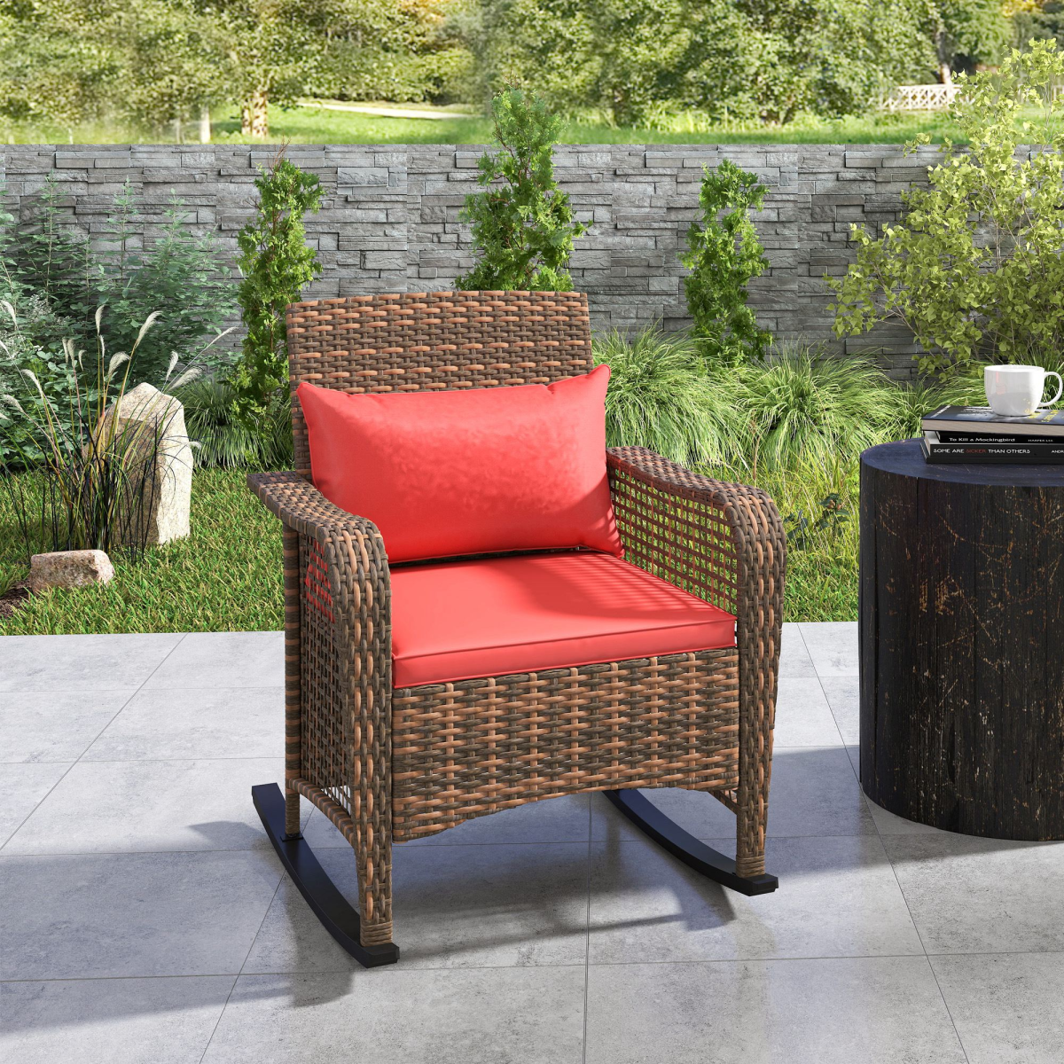 Outsunny Rattan Garden Rocking Chair w/ Seat and Back Cushions