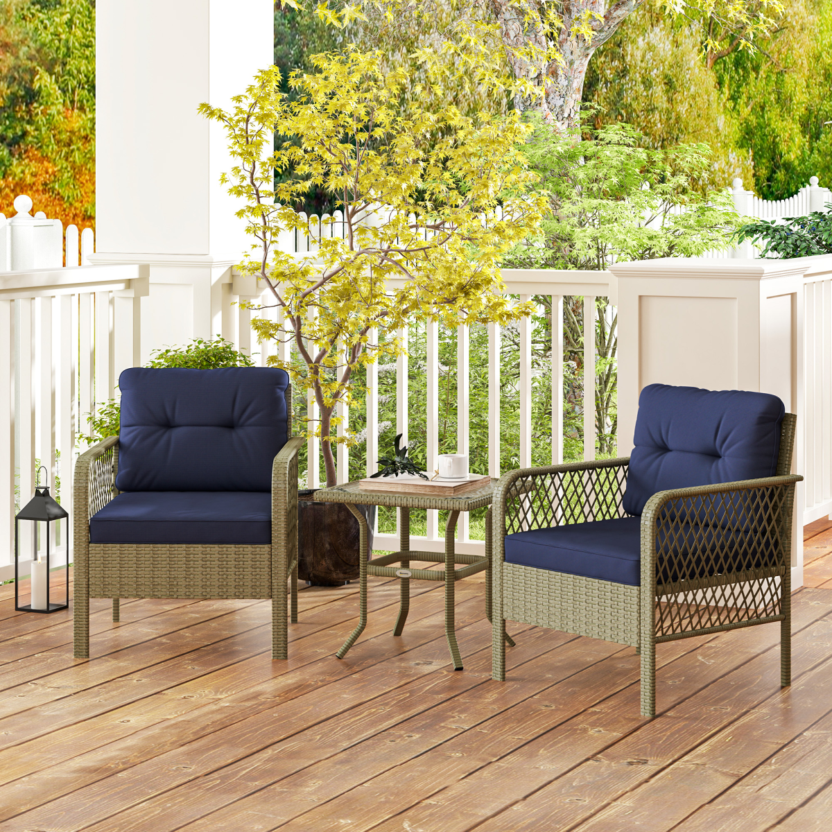 Outsunny 3 Pieces Rattan Bistro Set with Tempered Glass Table