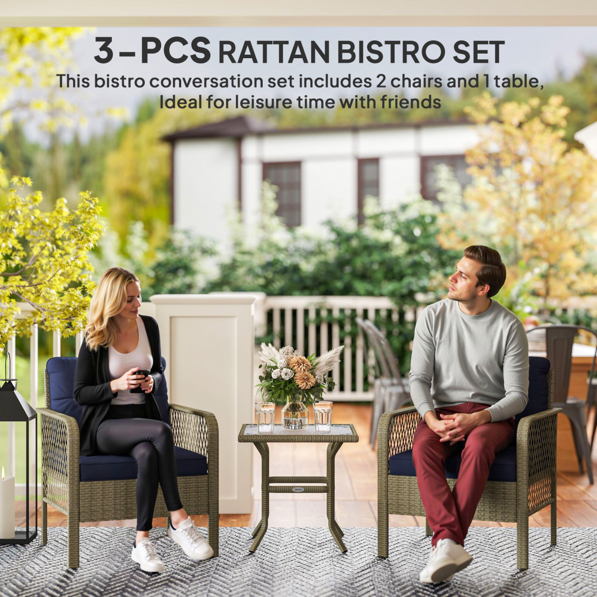 Outsunny 3 Pieces Rattan Bistro Set with Tempered Glass Table