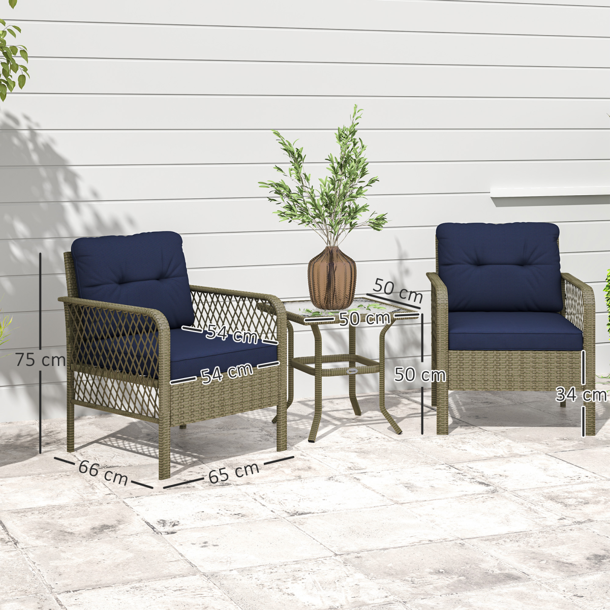Outsunny 3 Pieces Rattan Bistro Set with Tempered Glass Table