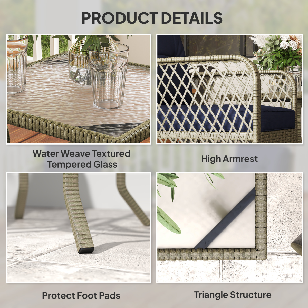 Outsunny 3 Pieces Rattan Bistro Set with Tempered Glass Table