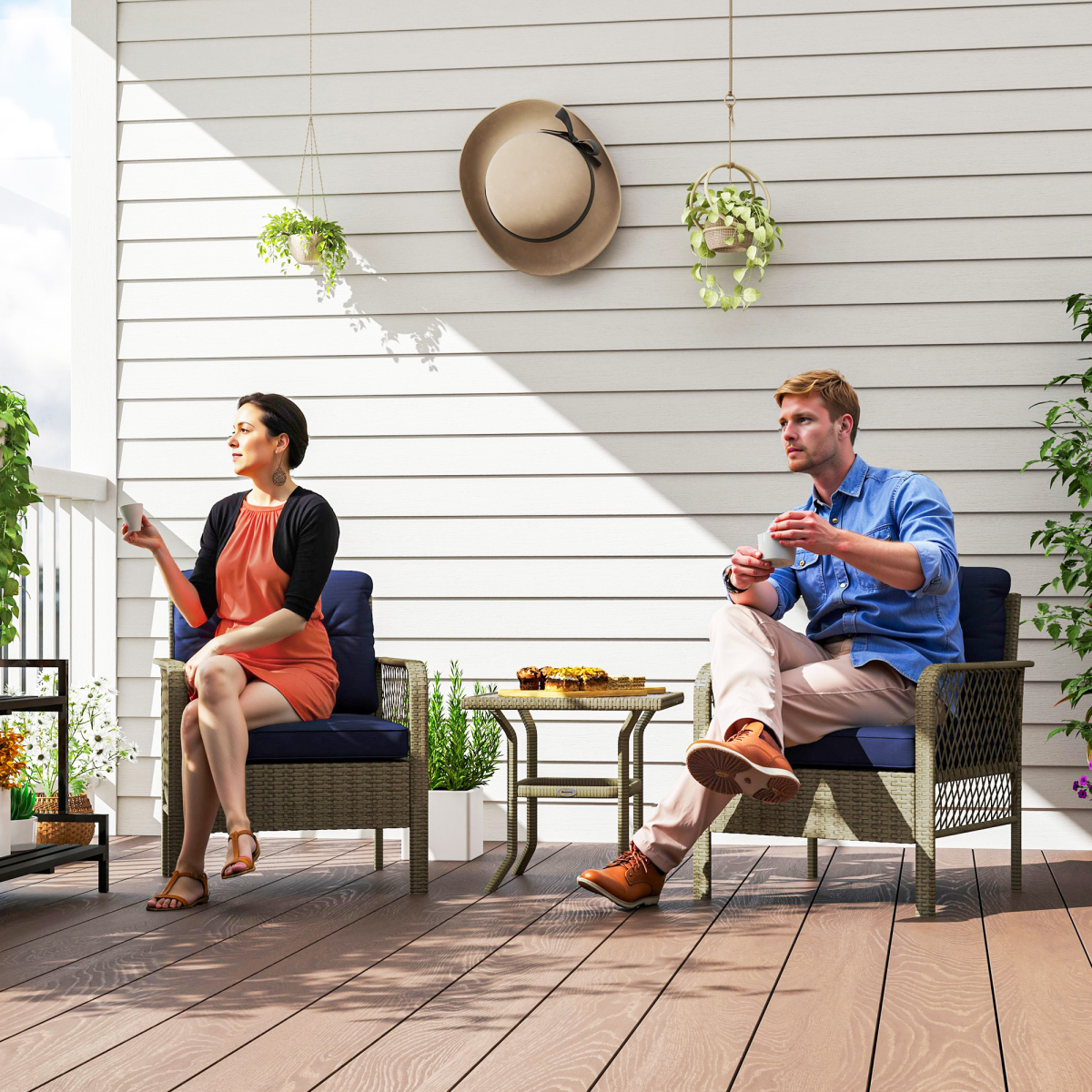 Outsunny 3 Pieces Rattan Bistro Set with Tempered Glass Table