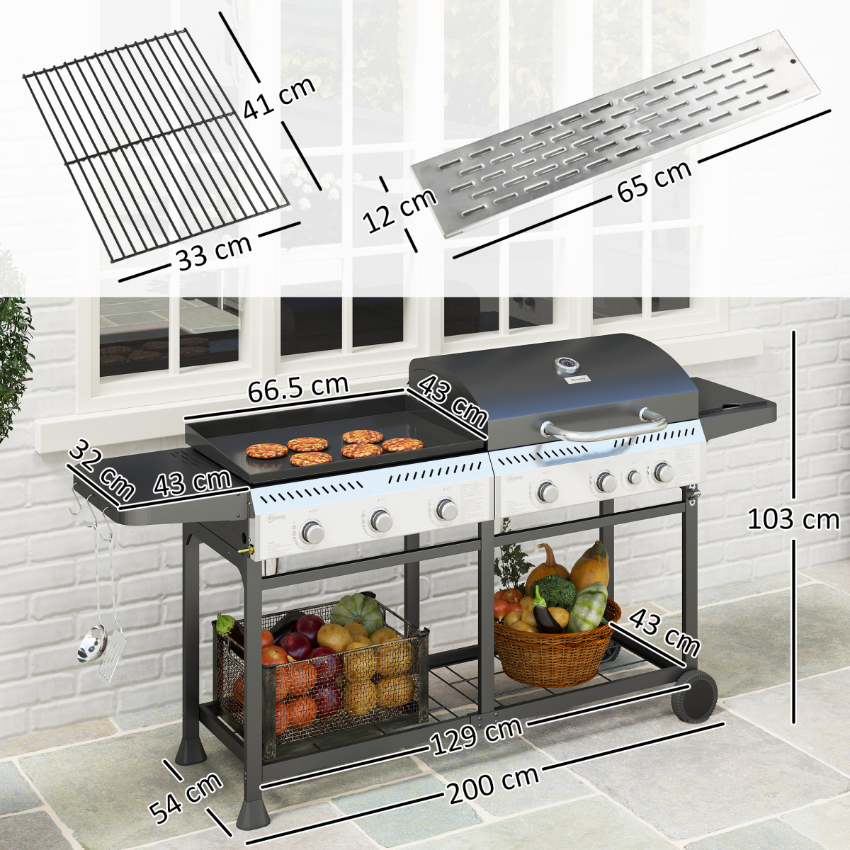 Outsunny Gas Grill and Plancha with 6+1 Burners for Garden Party Festival