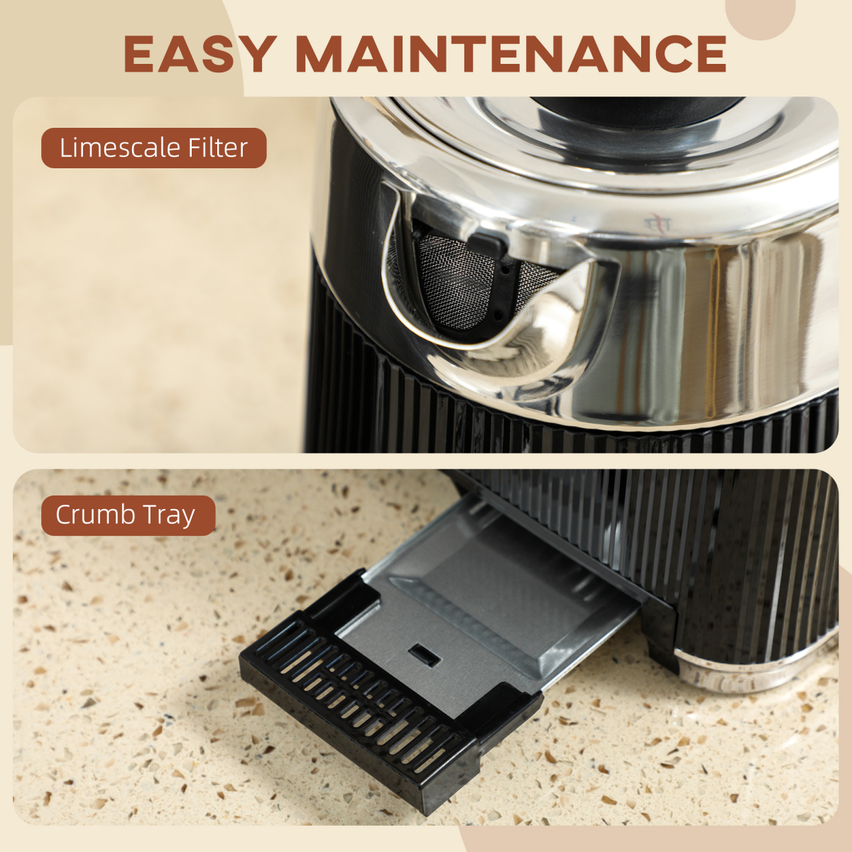 HOMCOM 1.7L 3000W Rapid Boil Kettle and 4 Slice Toaster Set Crumb Tray Black