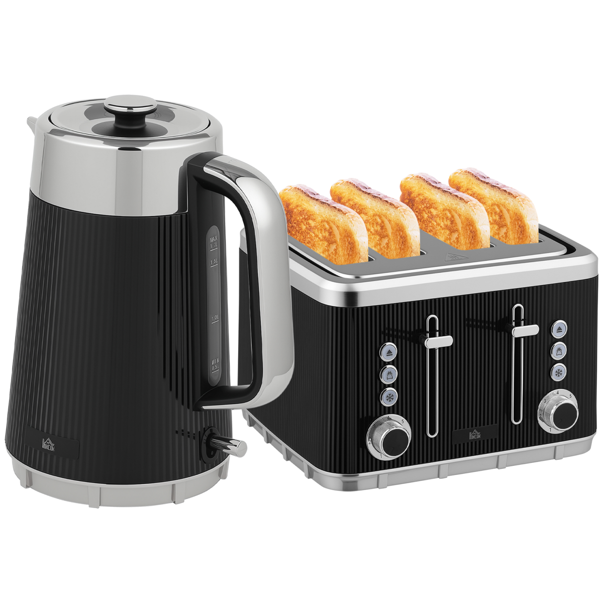 HOMCOM 1.7L 3000W Rapid Boil Kettle and 4 Slice Toaster Set Crumb Tray Black