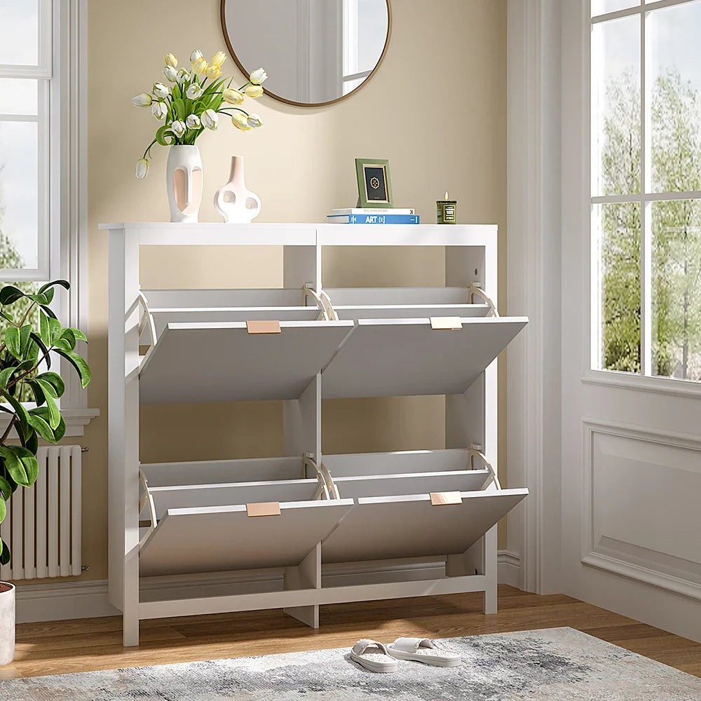 Flip Down Wood Shoe Cabinet 4 Shelf