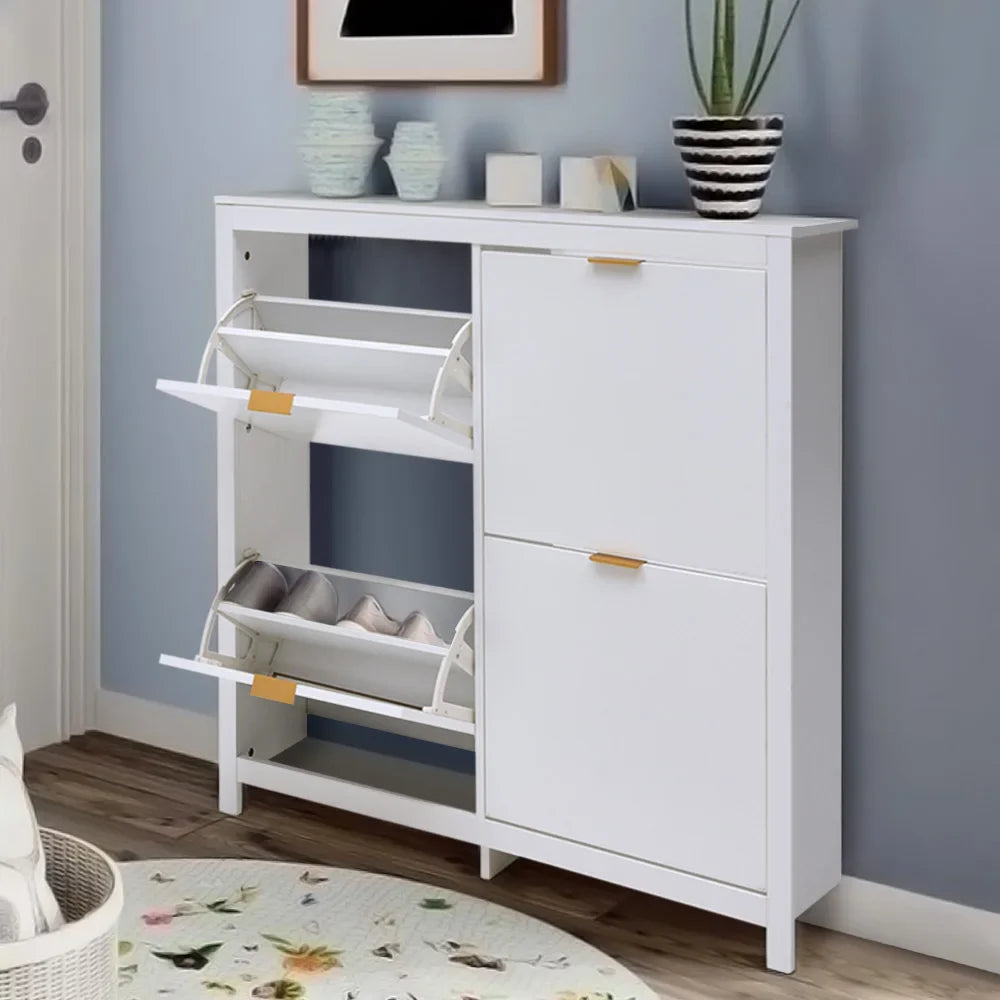 Flip Down Wood Shoe Cabinet 4 Shelf