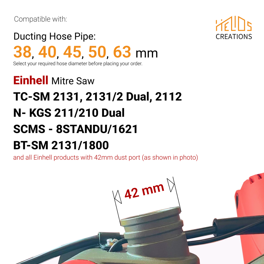 Einhell Mitre Saw Dust Port Adapter to 38, 40, 45, 50, 63 mm Hose Pipe
