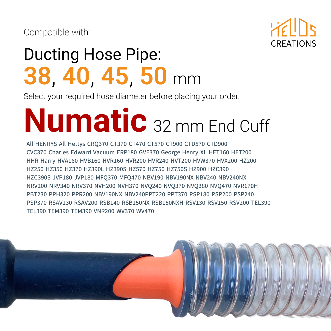 Numatic, Henry family to  Ducting Hose Pipe Connector,  Sizes: 38, 40, 45, 50 mm