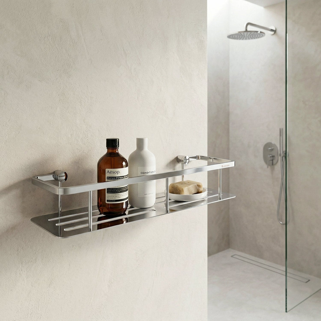 Smedbo Sideline Wide Shower Basket Solid Tray Polished Chrome 400 mm