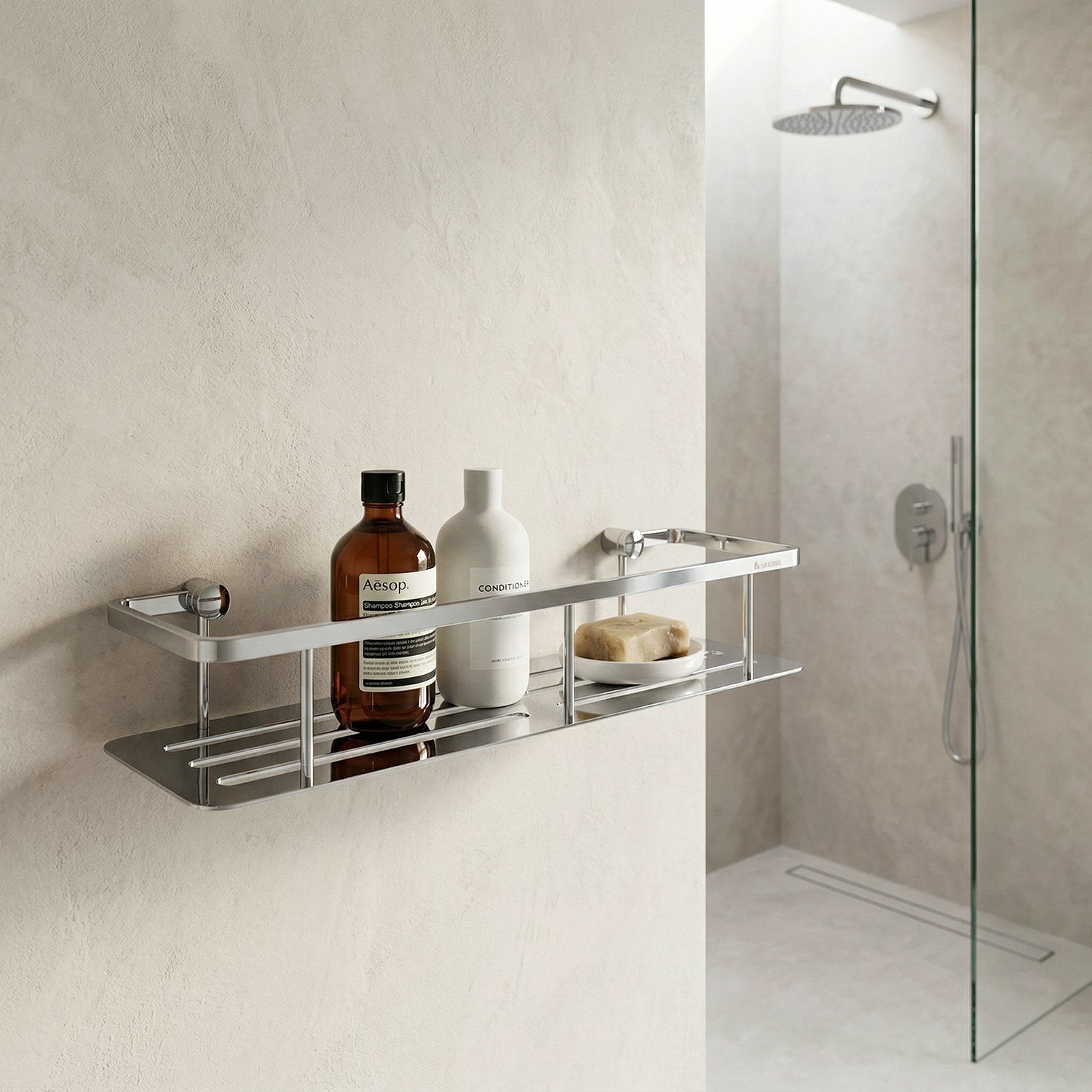 Smedbo Sideline Wide Shower Basket Solid Tray Polished Chrome 400 mm
