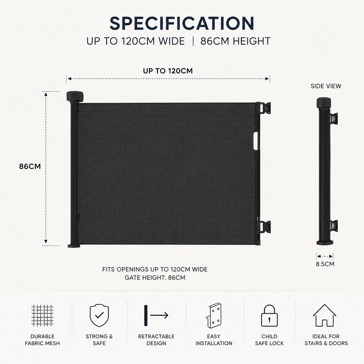 FYLO Premium Baby Fabric Safety Retractable Stair Gate - Black (Upto 120cm Width)