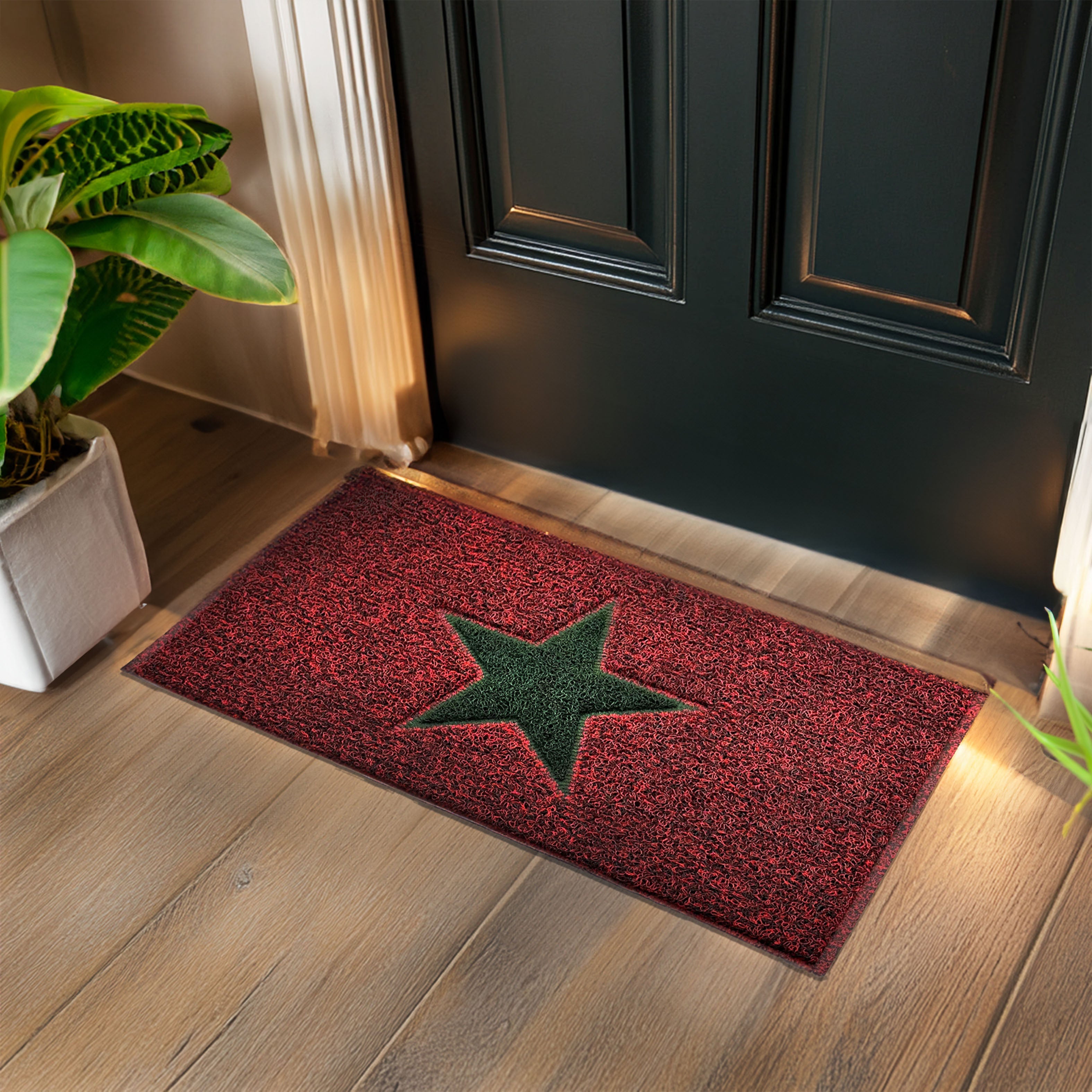 Christmas Star PVC Spaghetti Doormat - Red & Green Design