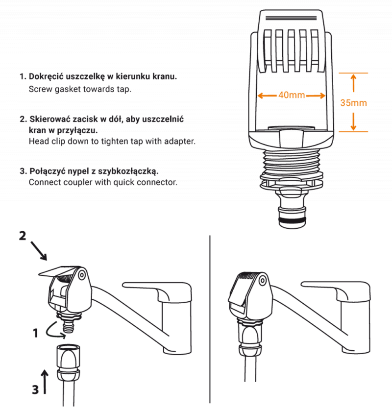Black/Orange Kitchen Tap Connection Max 40mm