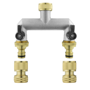 Two Way Tap Splitter Brass 3/4" BSP with Quick Connect and Hose Fittings