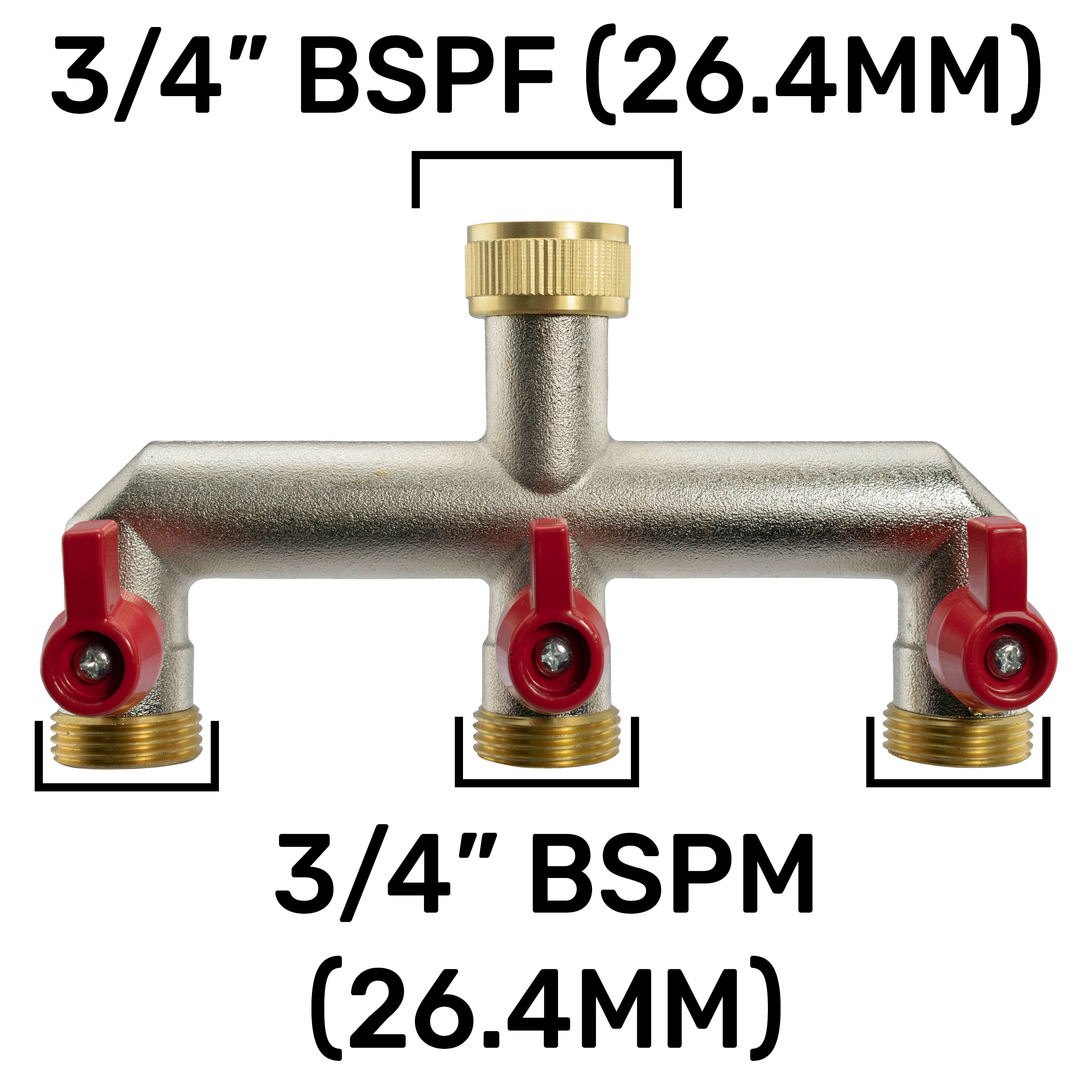 Three Way Tap Splitter Brass 3/4" BSP with Quick Connect and Hose Fittings