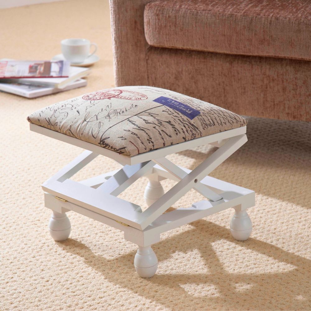 Adjustable 3-Position Wooden Footstool – Padded Fabric Top in White or Mahogany Finish