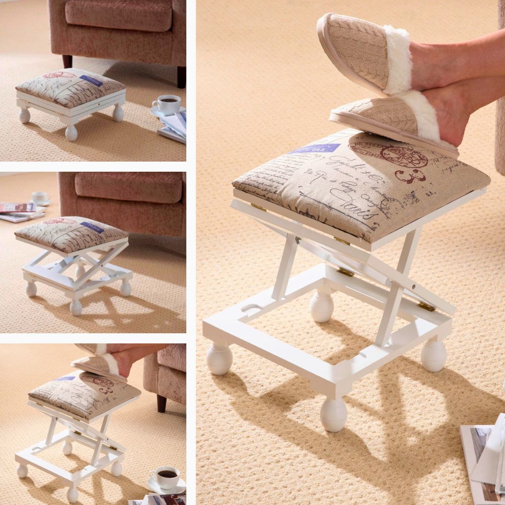 Adjustable 3-Position Wooden Footstool – Padded Fabric Top in White or Mahogany Finish