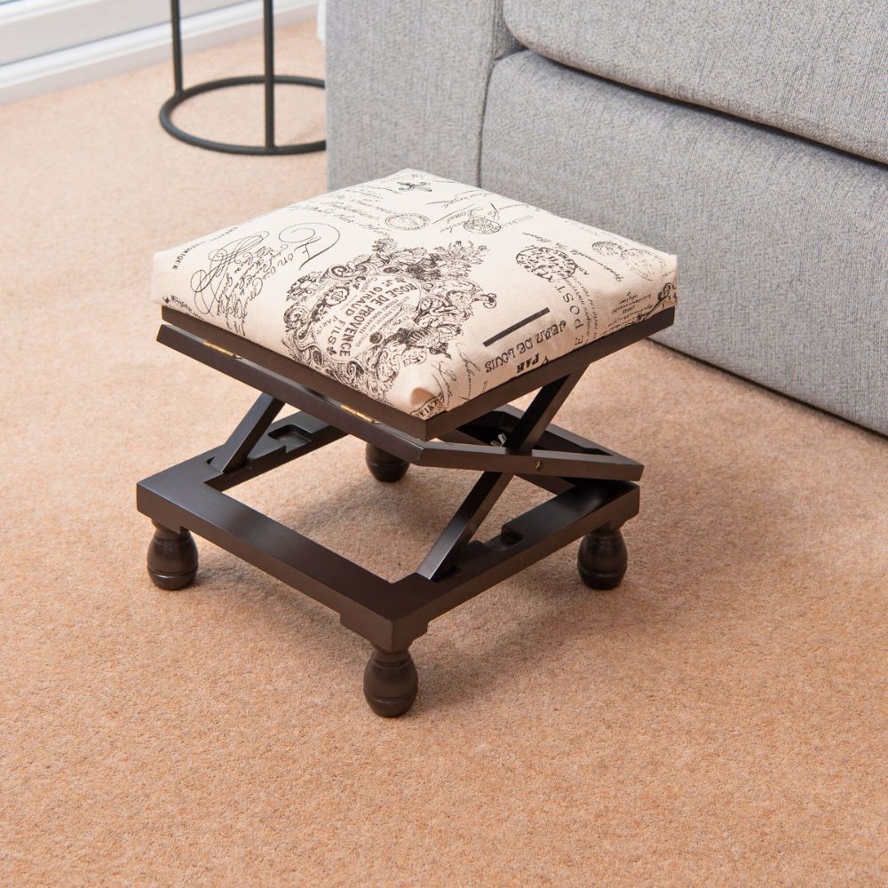 Adjustable 3-Position Wooden Footstool – Padded Fabric Top in White or Mahogany Finish