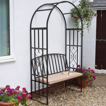 Huntingdon Garden Arch with Bench and Cushion – Steel Frame Seating in Gun Metal Grey