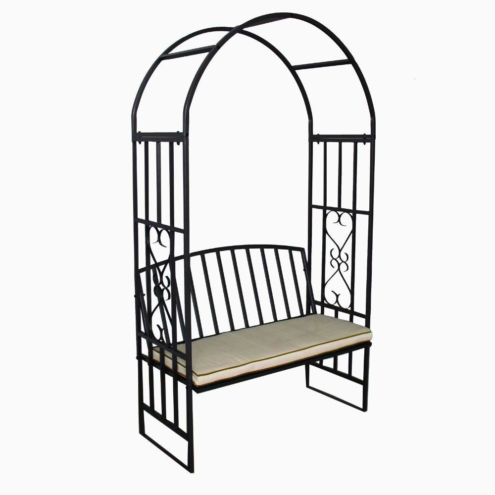 Huntingdon Garden Arch with Bench and Cushion – Steel Frame Seating in Gun Metal Grey