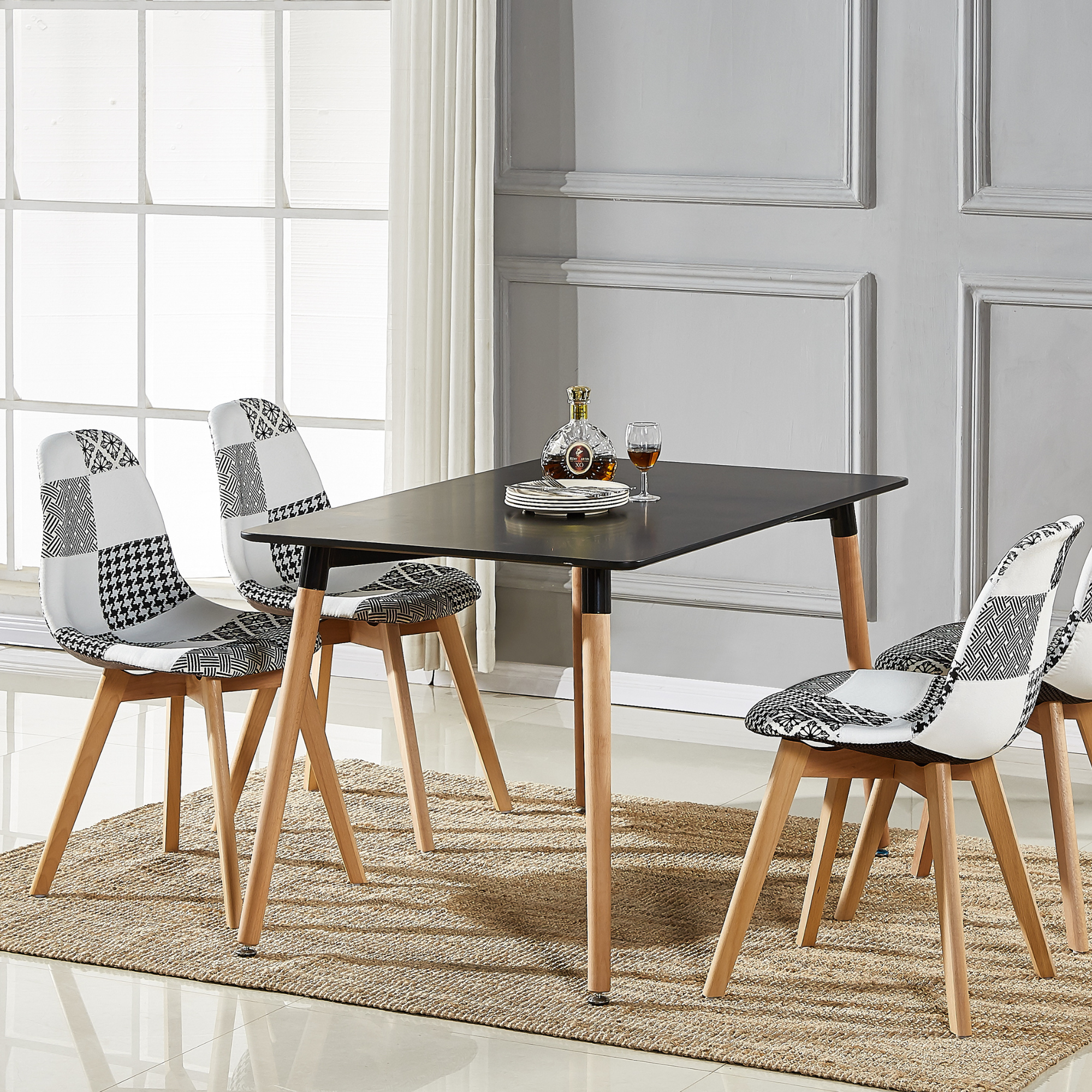 5PCs Dining Set - a Halo Dining Table & Set of 4 Black/White Tulip Patchwork Accent Chairs