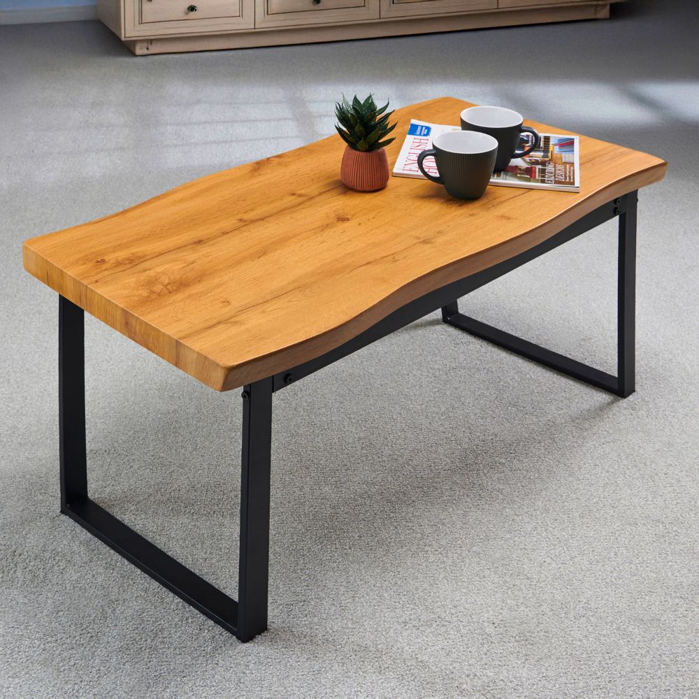 Greenhurst Live Edge Coffee Table – Oak Effect with Steel Frame, 100cm