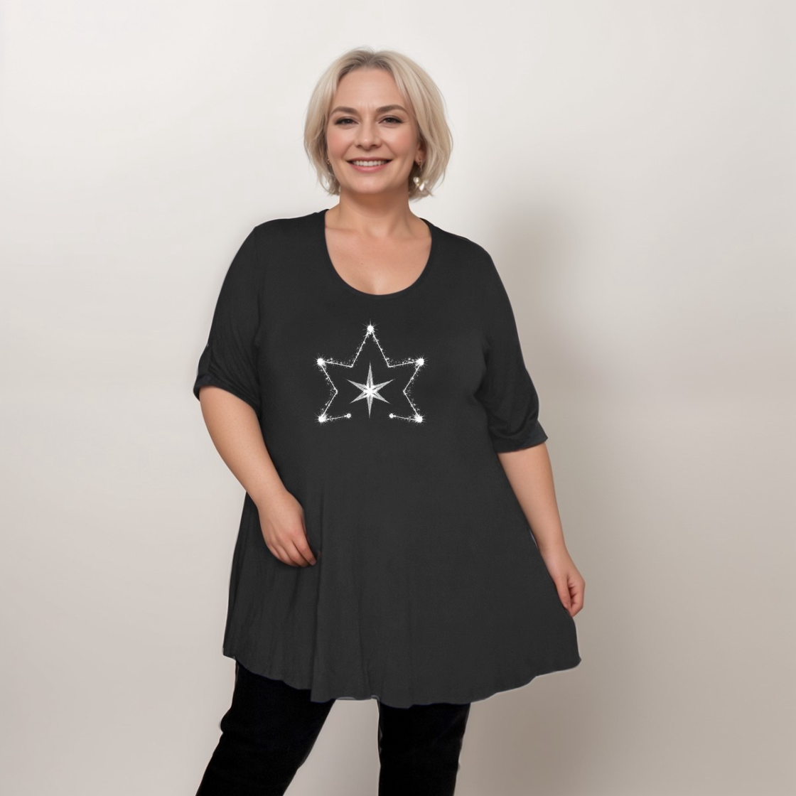 Double Star Plus-Size Button Sleeve Swing Top