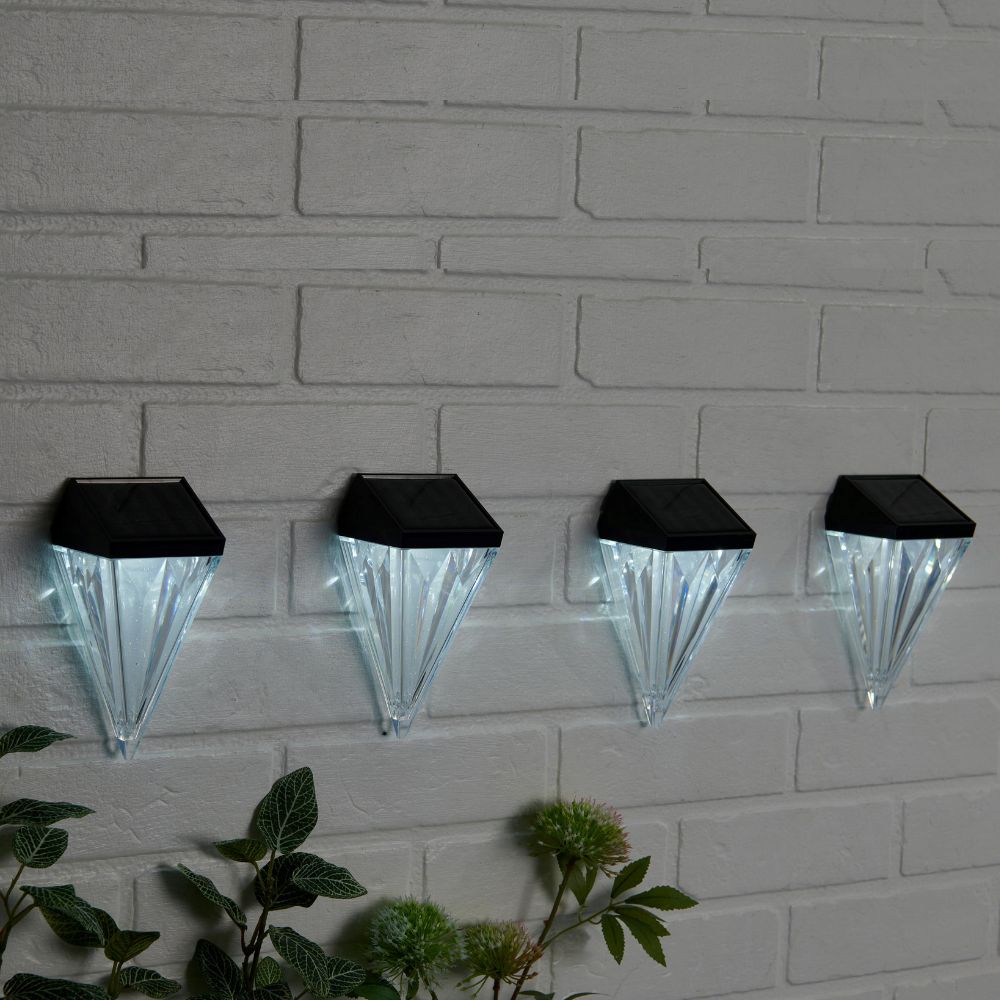 Pack of 4 Solar Diamond Wall Lights – White LED Garden Fence & Step Lights