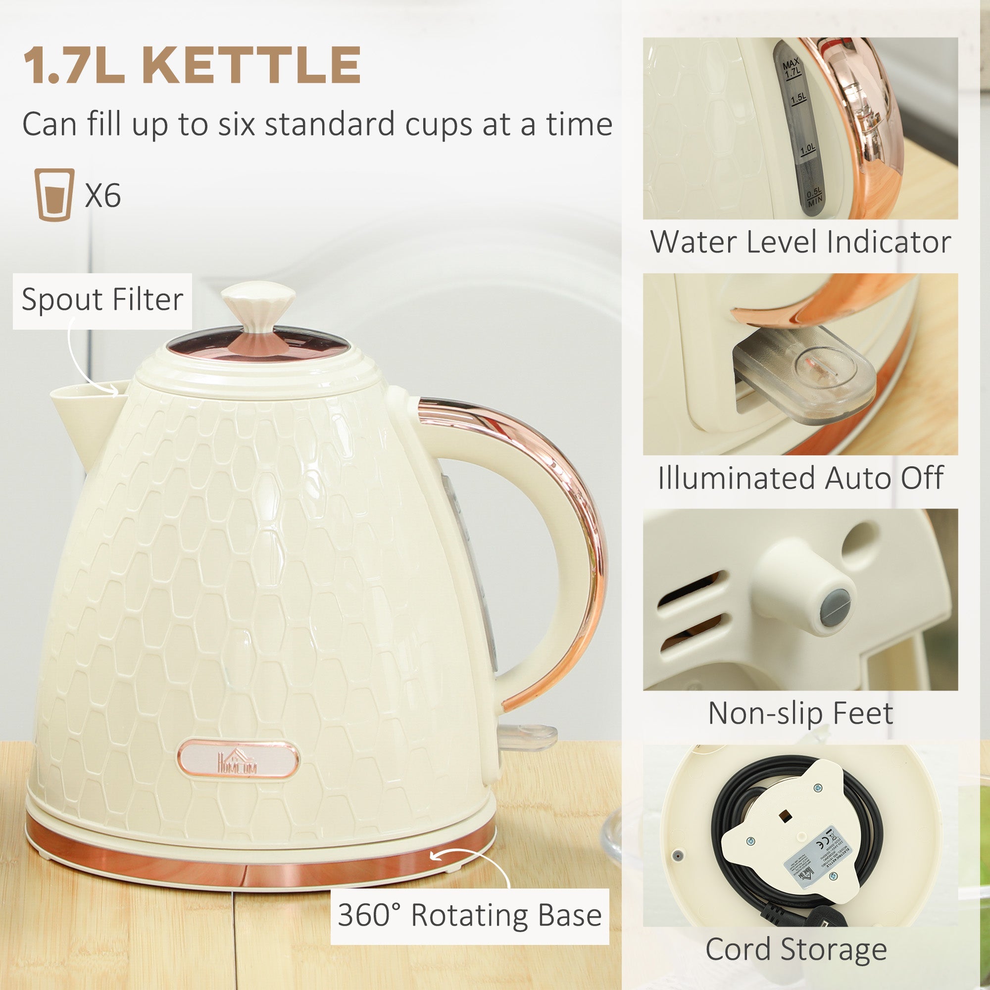 HOMCOM Kettle and Toaster Set 1.7L Fast Boil Kettle & 2 Slice Toaster Set
