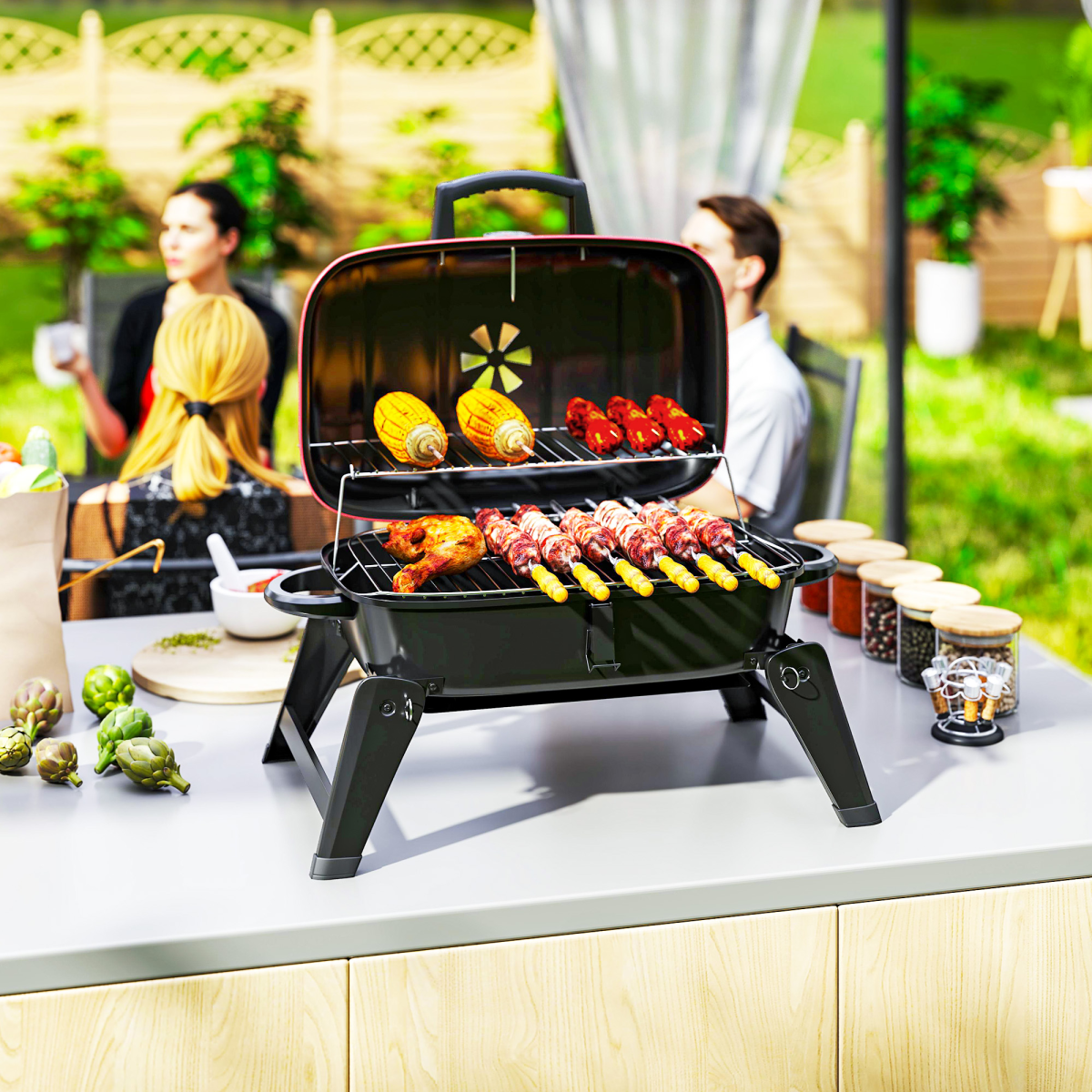 Outsunny Folding Charcoal Barbecue Grill, Portable BBQ for Camping