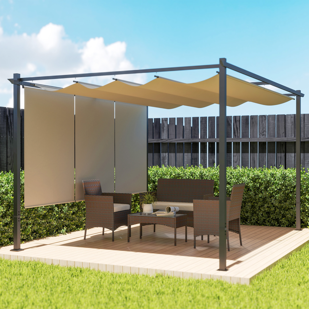 Outsunny 3 x 4m Metal Pergola with Retractable Roof and Roller Shade