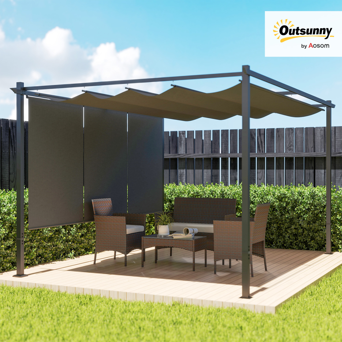 Outsunny 3 x 4m Metal Pergola with Retractable Roof and Roller Shade